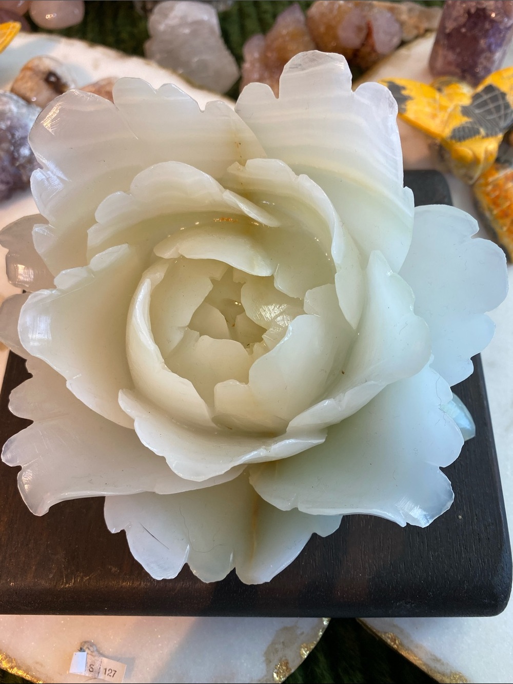 Carved Green Onyx peony Crystal Display